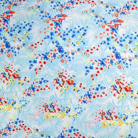 Autumn Palms And Pretty Flowers Printed Nylon Spandex Fabric - Blue Moon Fabrics, Floral Palm Print, 55/56" Width (1 Yard)