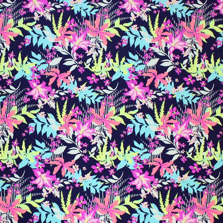 Leaves On Leaves Printed Nylon Spandex Fabric - Blue Leaves Print, 55/56" Width (1 Yard)