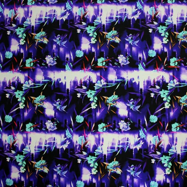 Printed Spandex Electric Blossoms Blue