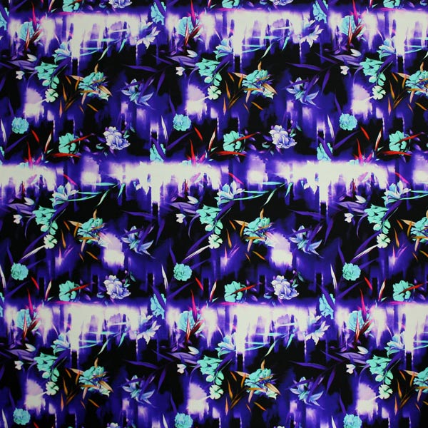 Electric Blossoms Nylon Spandex Fabric - Blue Floral Print, 55/56" Width (1 Yard)