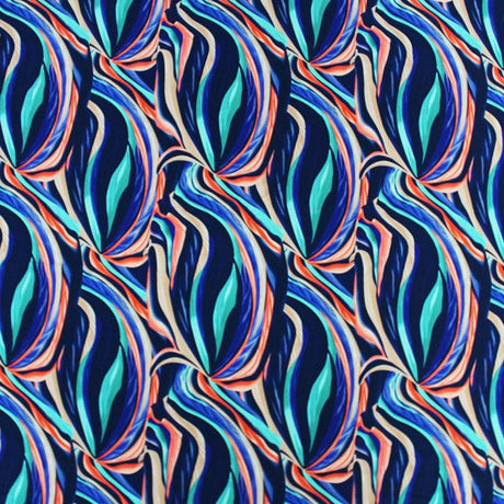 Printed Spandex Orange and Navy Swirls