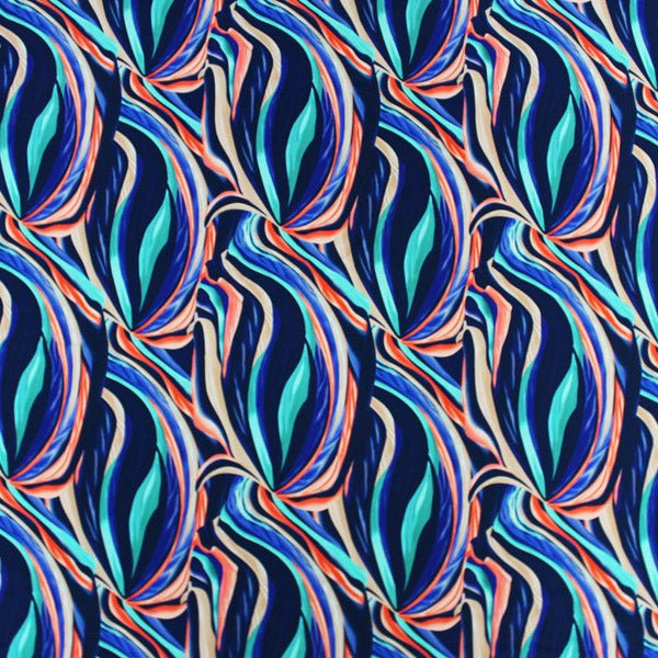 Orange And Navy Swirls Printed Nylon Spandex Fabric - Orange And Navy Swirls, 55/56" Width (1 Yard)
