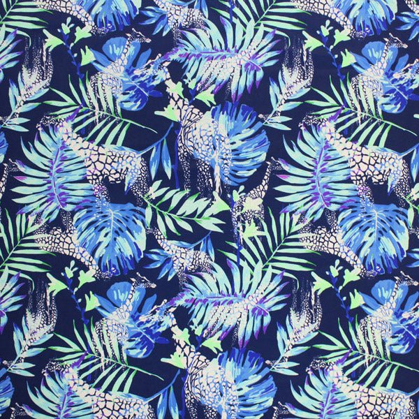 Printed Spandex Giraffes and Areca Palms Blue