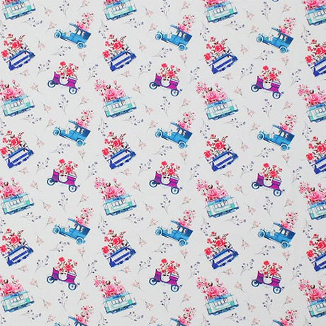 Printed Spandex Flowers and Cars Blue