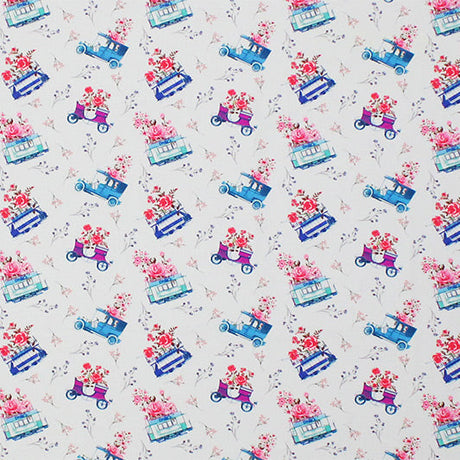 Old Fashioned Flowers And Cars Printed Nylon Spandex Fabric - Blue Floral And Cars Print, 55/56" Width (1 Yard)