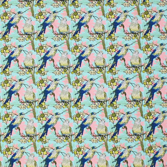Printed Spandex Parakeets on Branches Blue