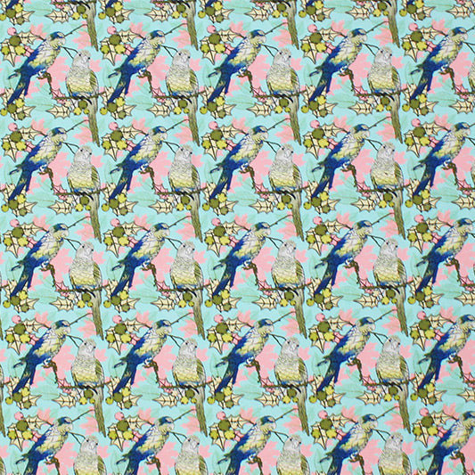 Parakeets On Branches Nylon Spandex Fabric - Bird Print, Blue, 55/56" Width (1 Yard)