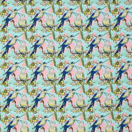 Parakeets On Branches Nylon Spandex Fabric - Bird Print, Blue, 55/56" Width (1 Yard)