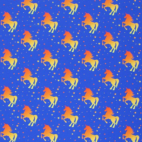 Unicorns Yellow Orange Printed Nylon Spandex Fabric - Yellow Orange Unicorn Print, 55/56" Width (1 Yard)
