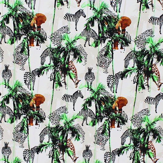 Zebra And Tiger Palm Tree Safari Printed Nylon Spandex Fabric - Blue, Animal Print, 55/56" Width (1 Yard)