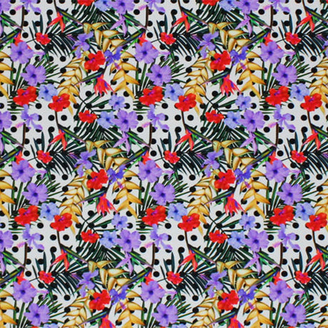 Flowers On Dots Printed Nylon Spandex Fabric - Blue Floral Dots, 55/56" Width (1 Yard)