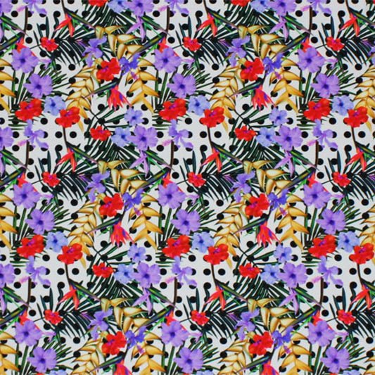 Printed Spandex Flowers on Dots Blue