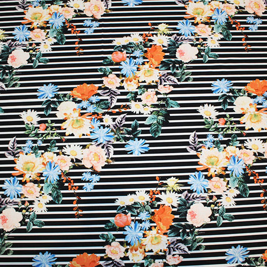 Bouquets On Stripes Printed Nylon Spandex Fabric - Blue Floral Bouquet Stripe Print, 55/56" Width (1 Yard)