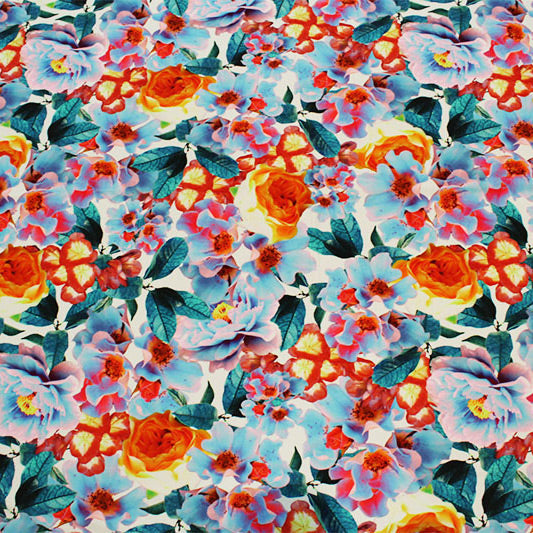 Fluorescent Flowers Printed Nylon Spandex Fabric - Fluorescent Flowers Print, Blue, 55/56" Width (1 Yard)
