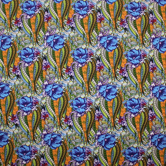 Tribal Flowers Printed Nylon Spandex Fabric - Blue Tribal Flowers, 55/56" Width (1 Yard)