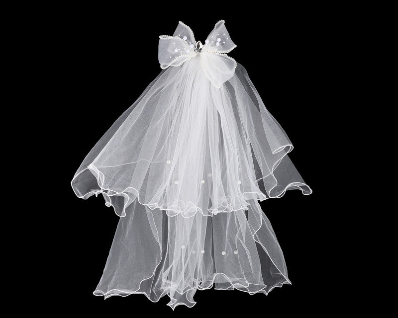 20" Long Girl's First Communion Two-Tier Organza Pearl Bow Veil - Pack of 5