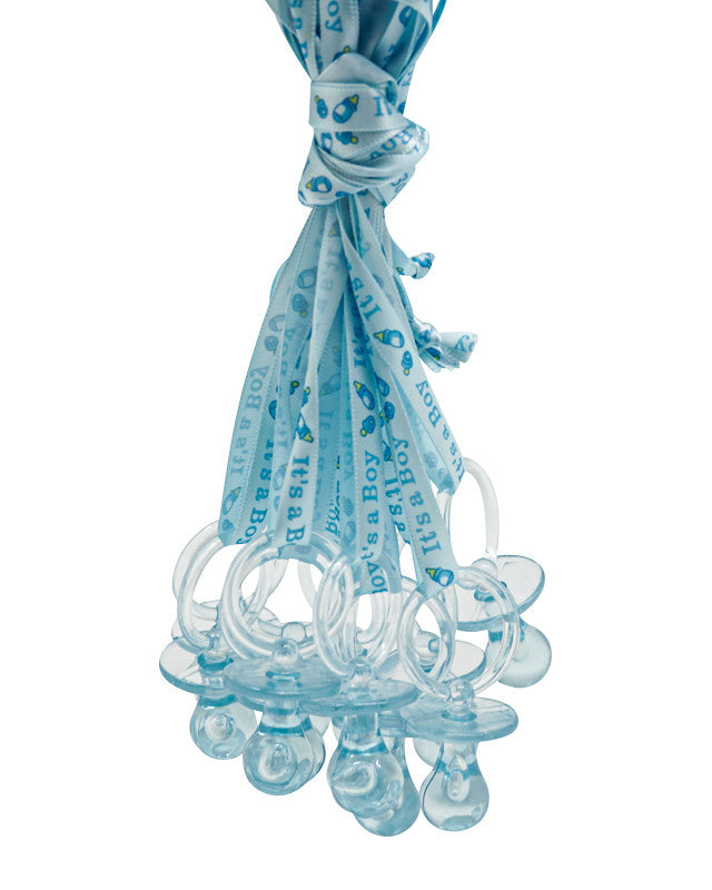 Blue "It's a Boy" Satin Ribbon Necklace Pacifier for Baby Shower Decorations Games - Pack of 36