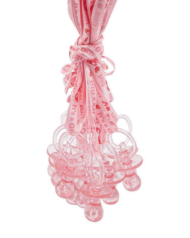 Pink "It's a Girl" Satin Ribbon Necklace Pacifier for Baby Shower Decorations Games - Pack of 36