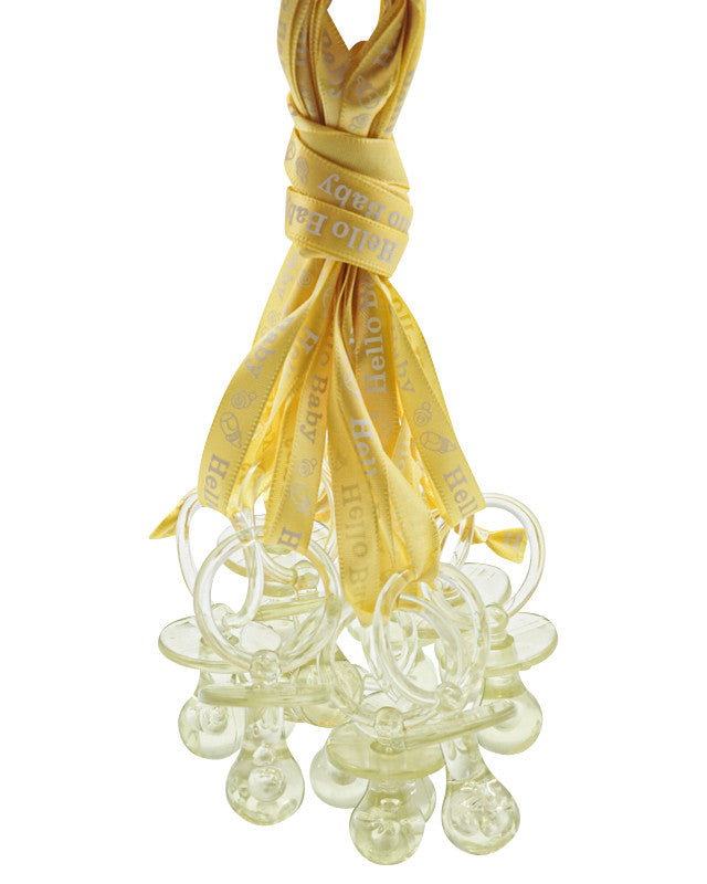Yellow "Hello Baby" Satin Ribbon Necklace Pacifier for Baby Shower Decorations Games - Pack of 36