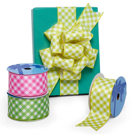 Bright Gingham Wired Ribbon 2 1/2 '' x 10 yd Apple Green Color 1 / ROLL
