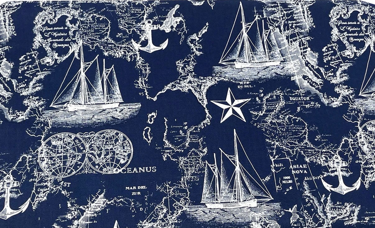 Quilting Cotton Nautical Map Navy White 100% Cotton By the Yard