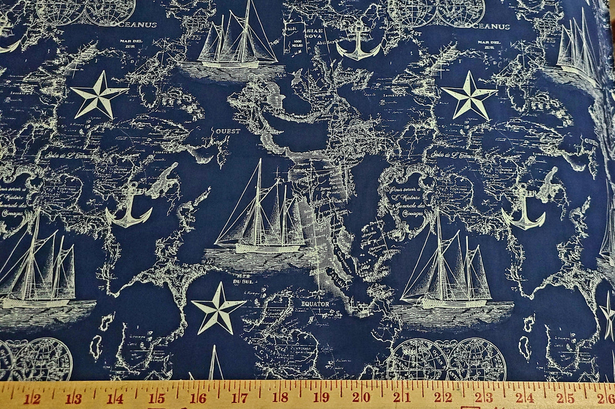 Quilting Cotton Nautical Map Navy White 100% Cotton By the Yard