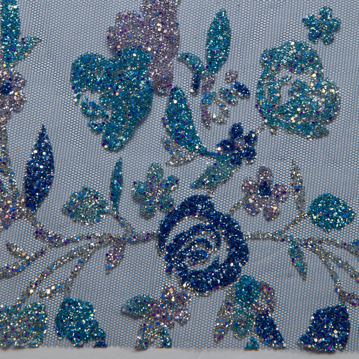 1 Yard Tulle Lace Fabric with Multicolor Glitter Floral Design, 58" Wide