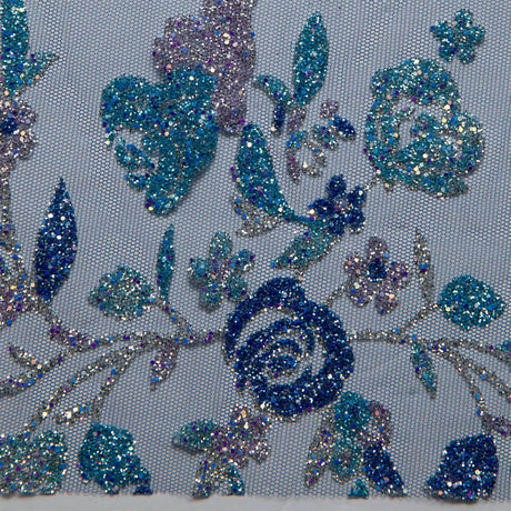 1 Yard Tulle Lace Fabric with Multicolor Glitter Floral Design, 58" Wide