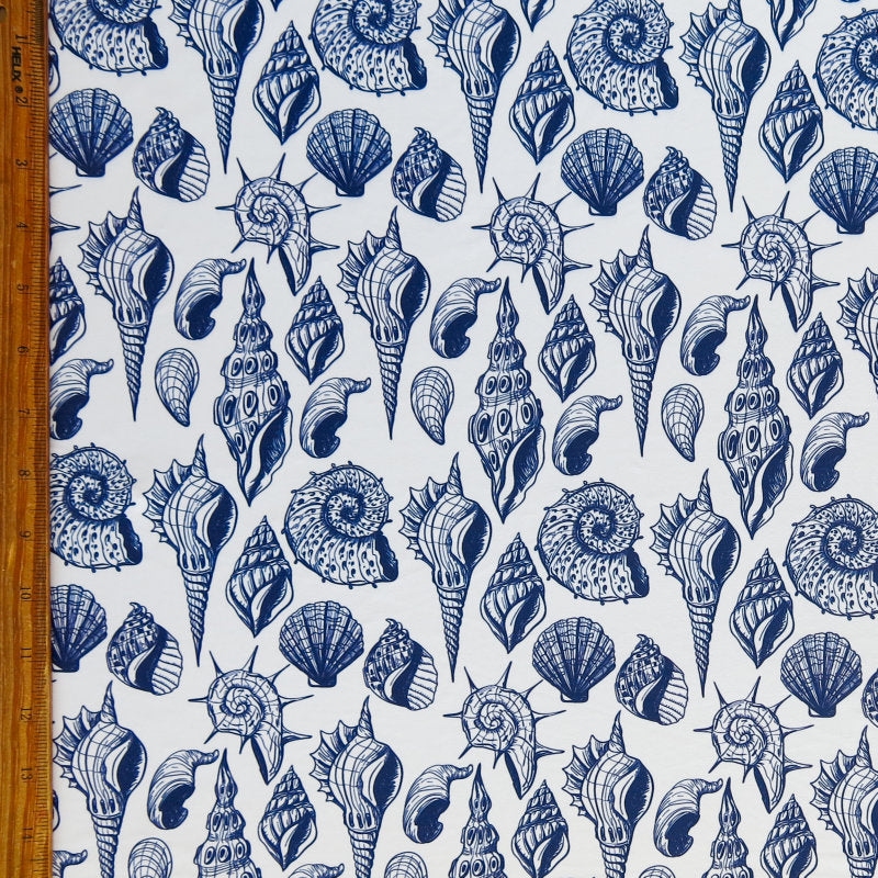 Poly Spandex Swim Knit Navy Seashells on White