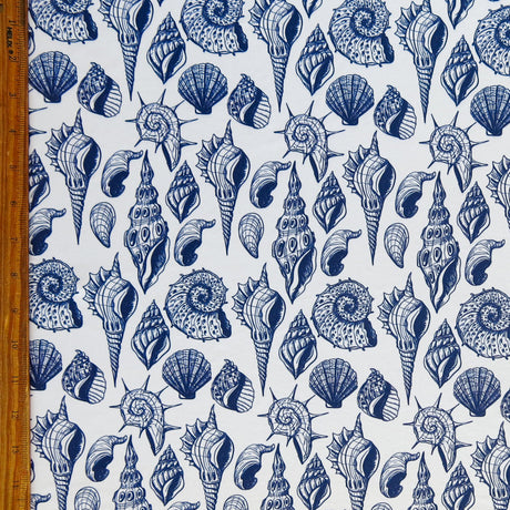 Poly Spandex Swim Knit Navy Seashells on White