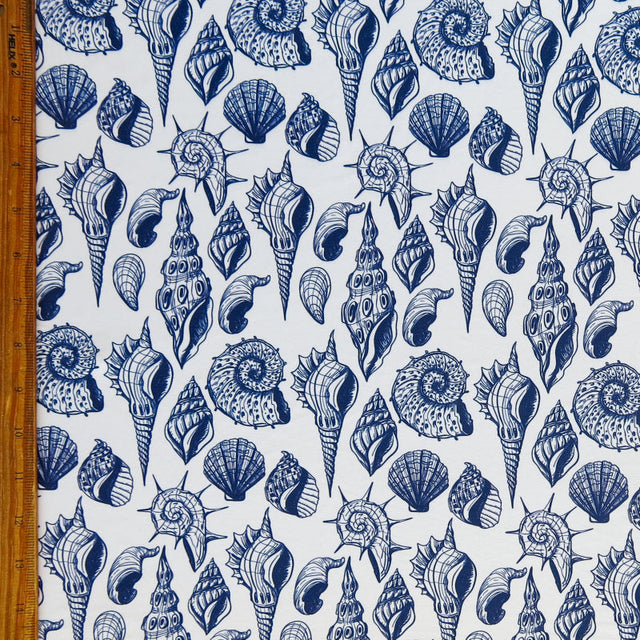 Swim Knit Poly Spandex Navy Seashells on White