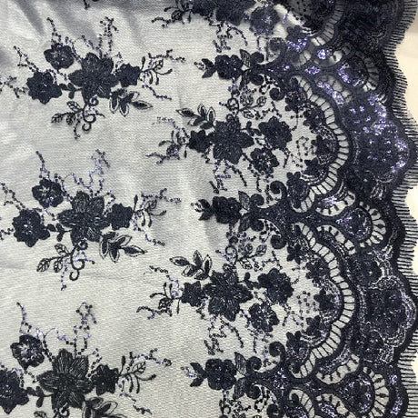 Navy Sequin Lace Fabric With Embroideries On Mesh - Navy Blue Embroidered Lace, Sequined Mesh Fabric