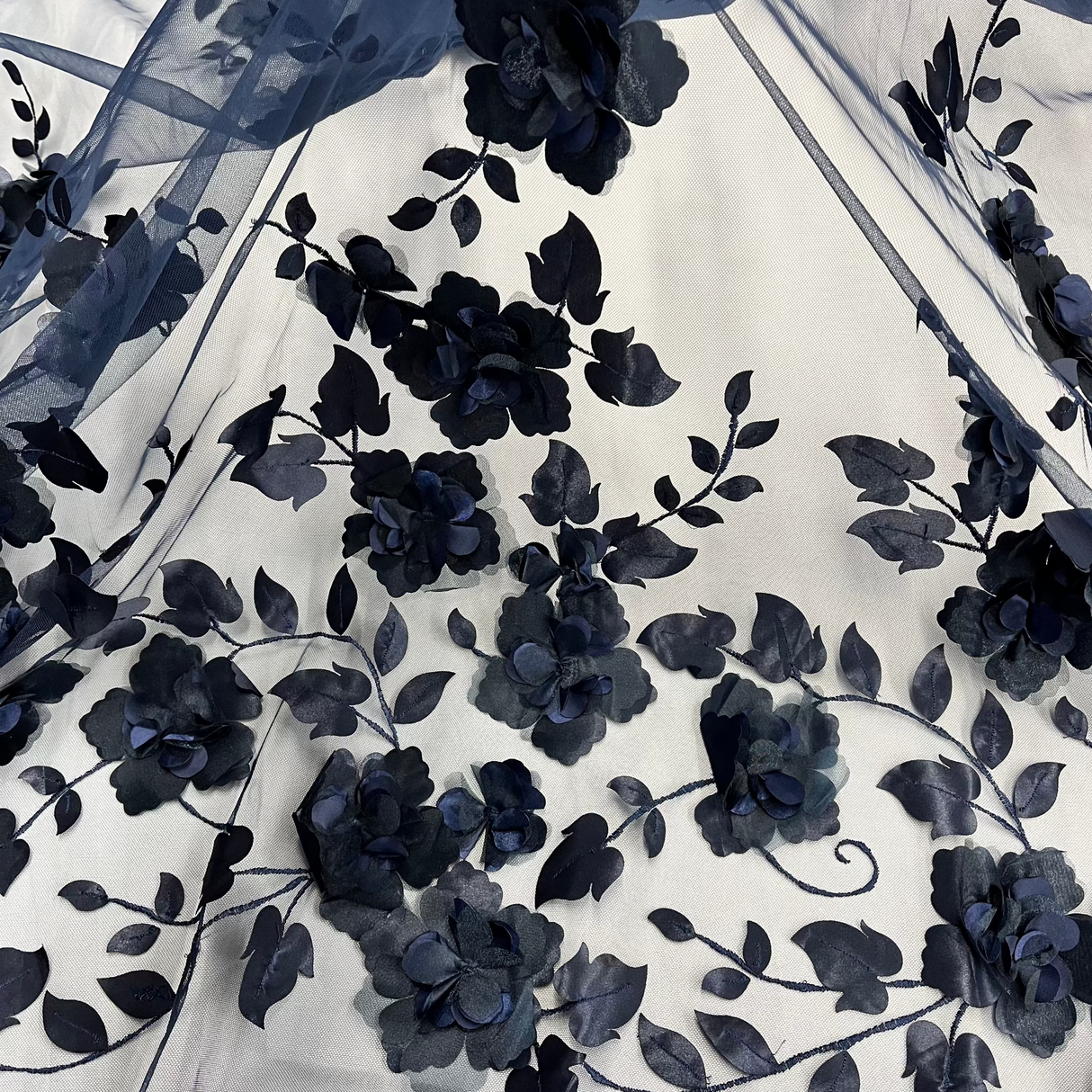 3D Floral Lace Fabric - Embroidered 100 Percent Polyester Tulle, 3D Satin Flowers And Leaves, 60" Width (1 Yard)