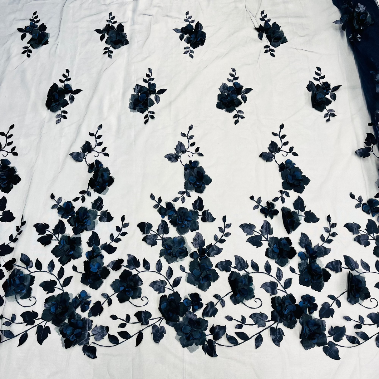 3D Floral Lace Fabric - Embroidered 100 Percent Polyester Tulle, 3D Satin Flowers And Leaves, 60" Width (1 Yard)