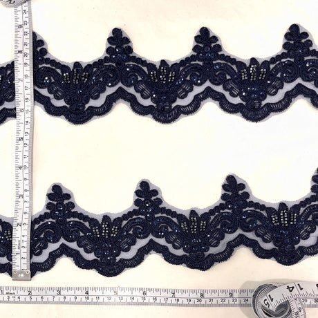Beaded Corded Lace Trim on Net Mesh