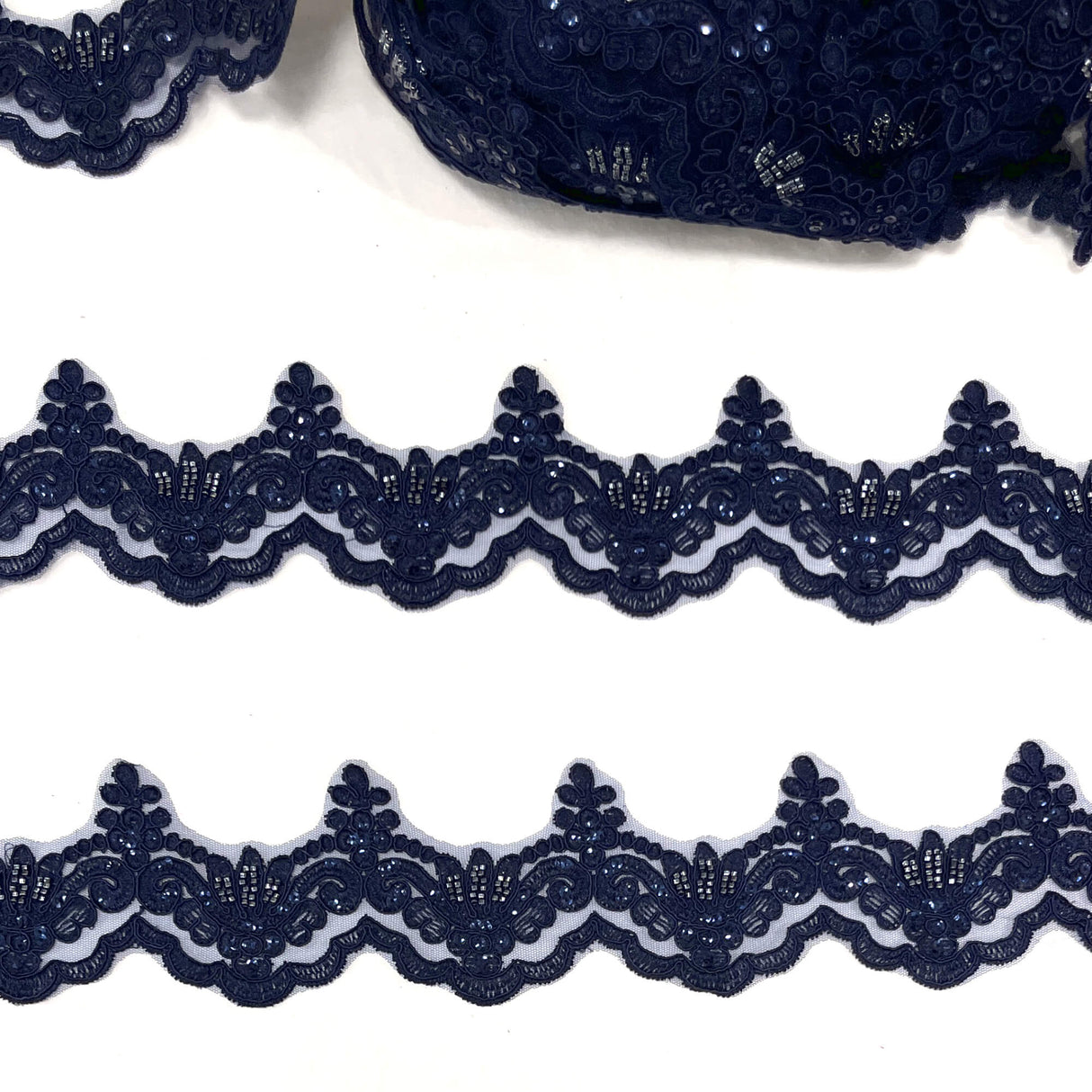 Beaded Corded Lace Trim on Net Mesh