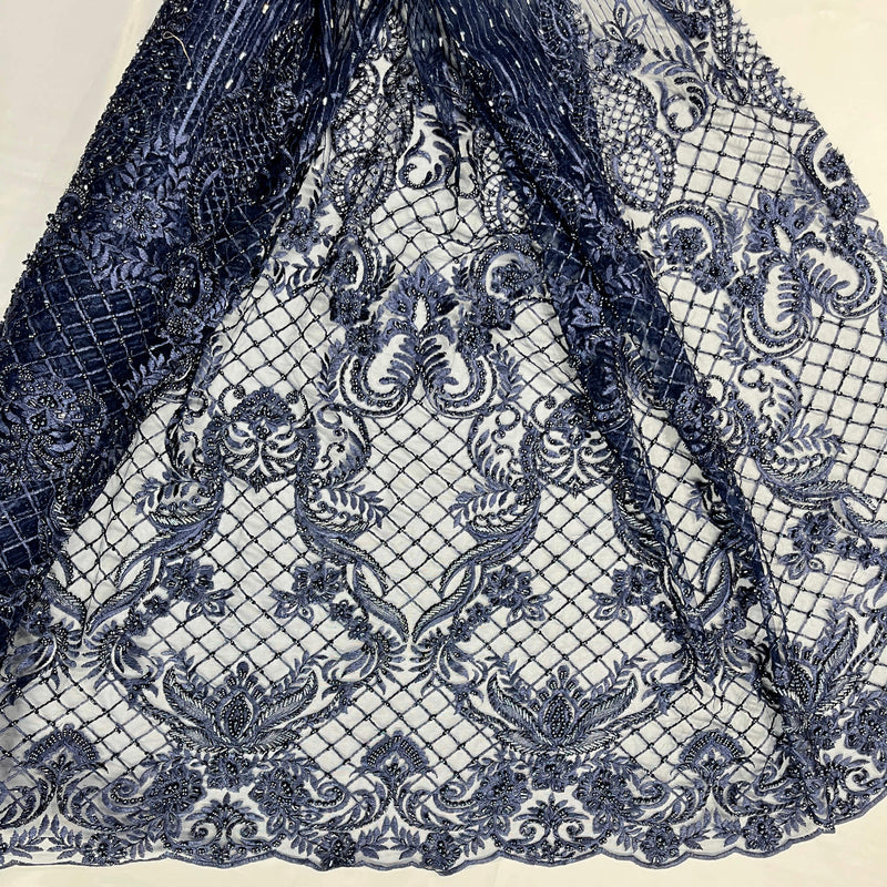 Beaded Lace Fabric on Polyester Net Mesh 52"