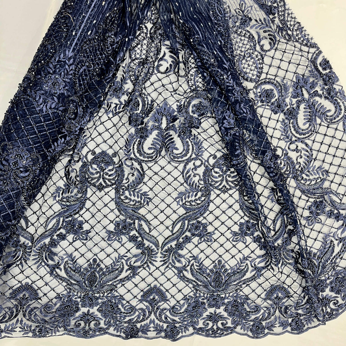 Beaded Lace Fabric - Embroidered 100 Percent Polyester Net Mesh, Floral Baroque Scalloped Edge, 52" Width (1 Yard)