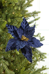 24 Inch Midnight Blue Velvet with Glitter Center Poinsettia Stem – Luxurious Jewel-Tone Holiday Elegance