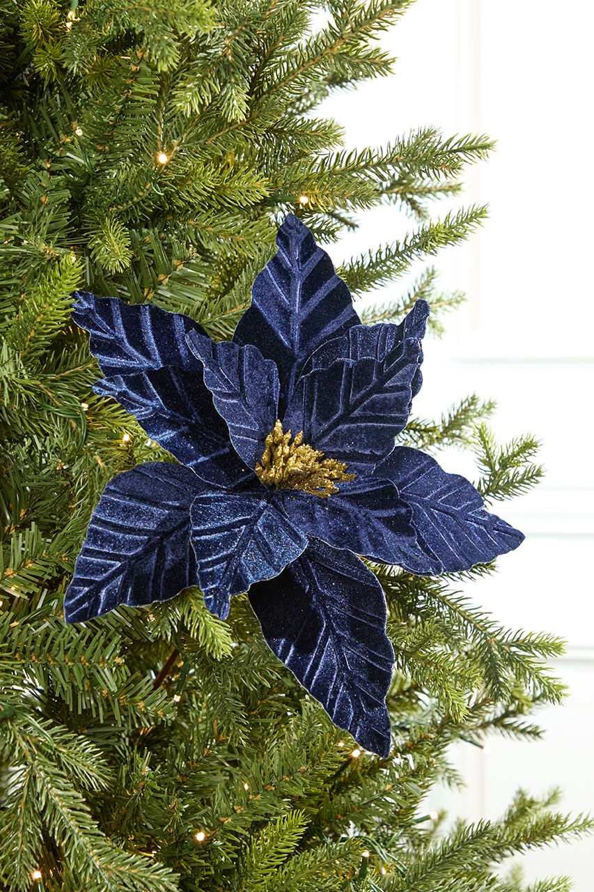 24" Midnight Blue Velvet with Glitter Center Poinsettia Stem
