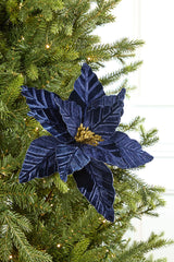 24" Midnight Blue Velvet with Glitter Center Poinsettia Stem