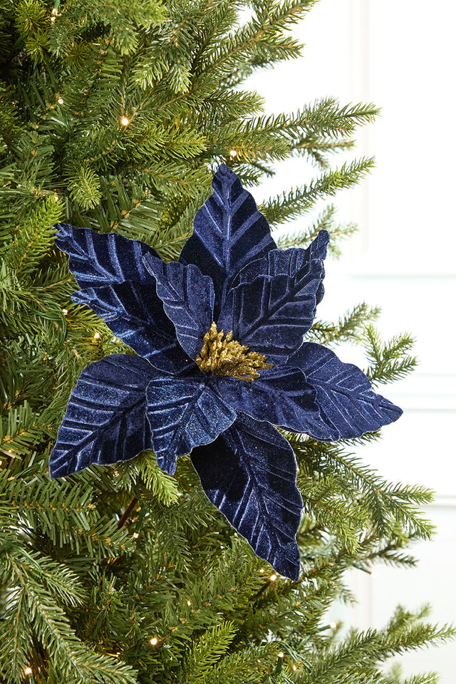 24" Midnight Blue Velvet with Glitter Center Poinsettia Stem