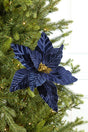 24" Midnight Blue Velvet with Glitter Center Poinsettia Stem