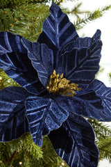 24" Midnight Blue Velvet with Glitter Center Poinsettia Stem