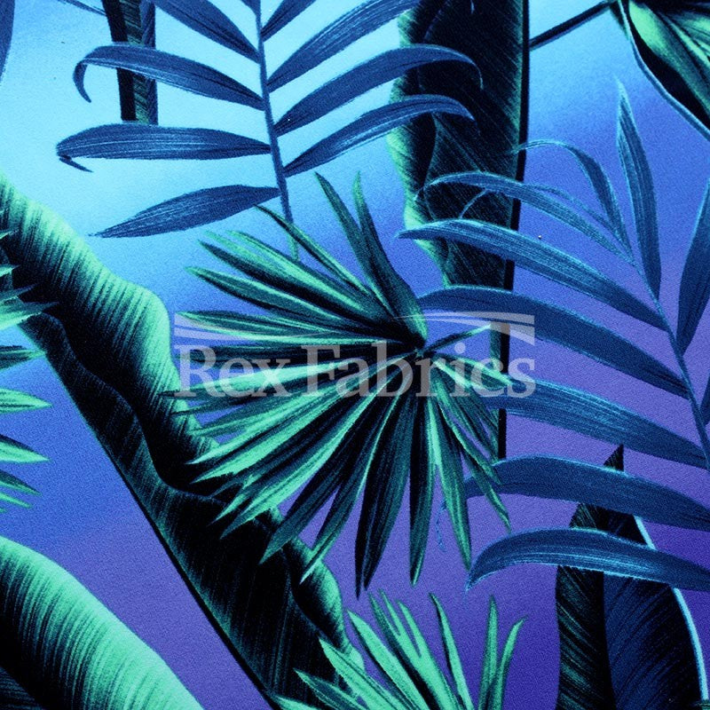 Neon Jungle Nylon Spandex Fabric - Violet Green/Pink Green Palm Leaf Print, 58/60" Width (1 Yard)