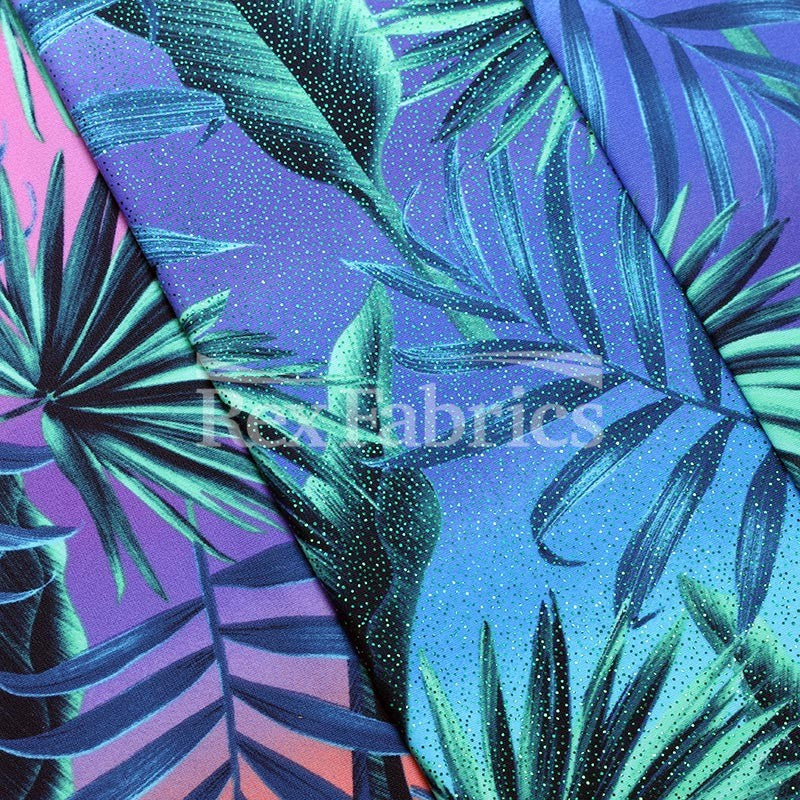 Neon Jungle Nylon Spandex Fabric - Violet Green/Pink Green Palm Leaf Print, 58/60" Width (1 Yard)