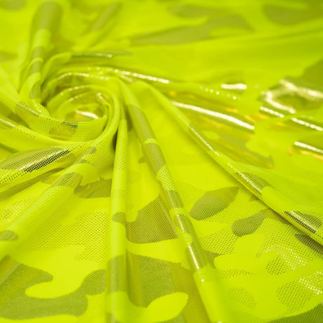 Neon Nugi Foil Printed Cationic Spandex Fabric - Metallic Camouflage Foil Print, 56" Width (1 Yard)