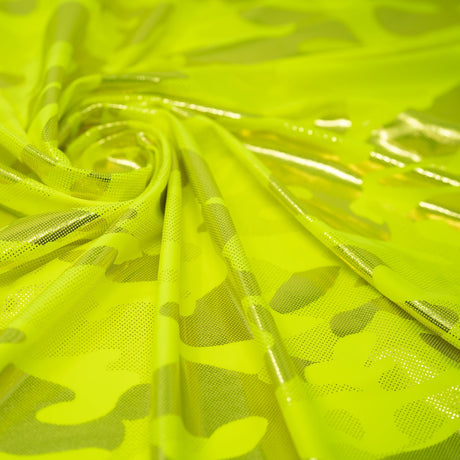 Neon Nugi Foil Printed Cationic Spandex Fabric - Metallic Camouflage Foil Print, 56" Width (1 Yard)