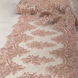 Sequin Lace Fabric With Embroideries On Mesh - Polyester Mesh, Sequin Embroidery, Scalloped Borders, 20.08" Width