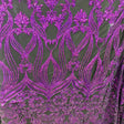 Black Iridescent Purple Damask Design Embroidered On Mesh Lace Fabric - Black, Purple Damask Pattern, 54" Width (1 Yard)